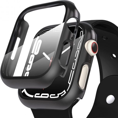 Apple Watch 7-8 (45mm), Műanyag védőkeret, kijelzővédő üveggel, szíj nélkül, TP Defense360, fekete
