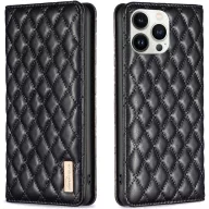   Huawei Mate 50 Pro, Oldalra nyíló tok, stand, kártyatartóval, 3D rombusz minta, Wooze Pillow, fekete