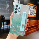 Apple iPhone 15 Plus, Szilikon tok, közepesen ütésálló, kézpánttal, színátmenetes, csillogó minta, Wooze Strap Star, mintás/menta