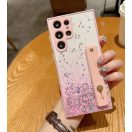 Apple iPhone 15 Plus, Szilikon tok, közepesen ütésálló, kézpánttal, színátmenetes, csillogó minta, Wooze Strap Star, mintás/rózsaszín