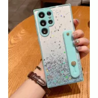   Apple iPhone 15, Szilikon tok, közepesen ütésálló, kézpánttal, színátmenetes, csillogó minta, Wooze Strap Star, mintás/menta