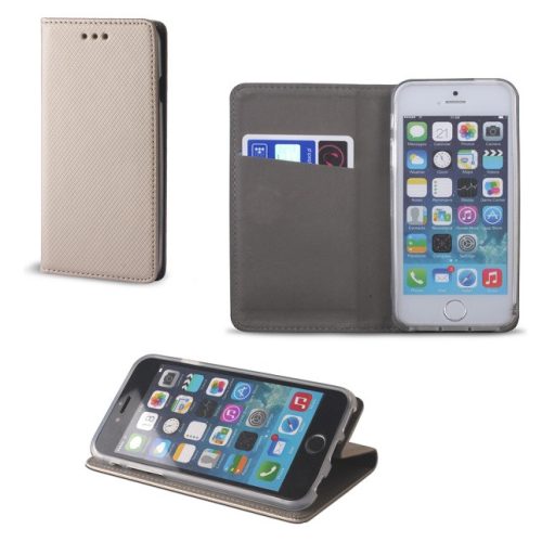 Apple iPhone 5 / 5S / SE, Oldalra nyíló tok, stand, Smart Magnet, arany