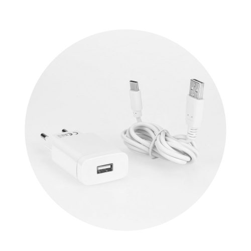 Hálózati töltő adapter, 5V / 2,4A, USB aljzat, USB Type-C kábellel, gyorstöltés funkció, fehér