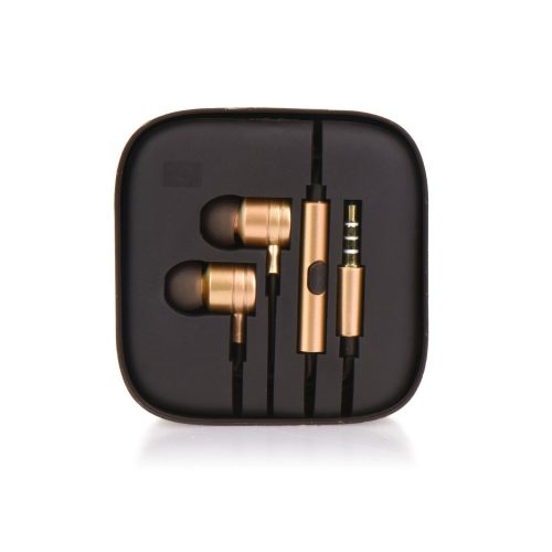 Vezetékes sztereó fülhallgató, 3.5 mm, felvevőgombos, dobozos, arany