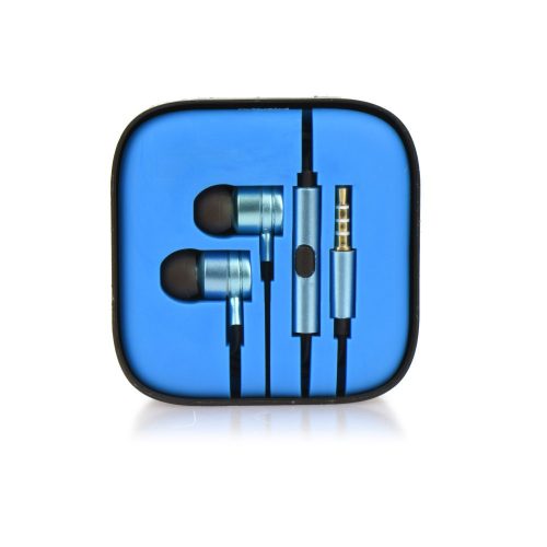 Vezetékes sztereó fülhallgató, 3.5 mm, felvevőgombos, dobozos, kék