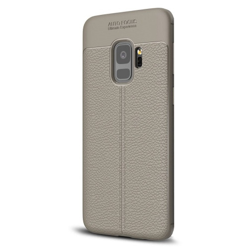 Samsung Galaxy S9 Plus SM-G965, TPU szilikon tok, bőrhatású, varrásminta, szürke