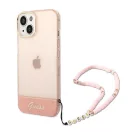 Guess Camera Outline Translucent Apple iPhone 14 Plus hátlap tok szíjjal, rózsaszín