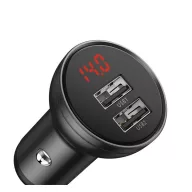   Baseus autós szivargyújtó töltő kijelzővel, 2xUSB, 4.8A, 24W, szürke