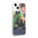 Guess Flower Liquid Glitter Apple iPhone 14 hátlap tok, kék