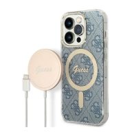   Guess 4G Print MagSafe Apple iPhone 14 Pro hátlap tok, kék + MagSafe töltő