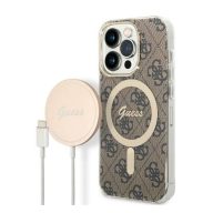   Guess 4G Print MagSafe Apple iPhone 14 Pro hátlap tok, barna + MagSafe töltő