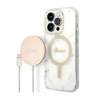   Guess Marble MagSafe Apple iPhone 14 Pro hátlap tok, fehér + MagSafe töltő