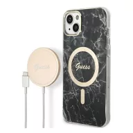   Guess Marble MagSafe Apple iPhone 14 hátlap tok, fekete + MagSafe töltő