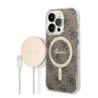  Guess 4G Print MagSafe Apple iPhone 14 Pro Max hátlap tok, barna + MagSafe töltő