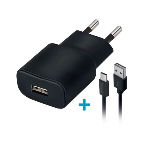 Hálózati töltő adapter, 5V / 2000 mAh, USB aljzat, USB Type-C kábellel, Forever, fekete, TC-01