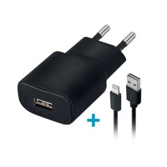   Hálózati töltő adapter, 5V / 2000 mAh, USB aljzat, Lightning kábellel, Forever, fekete, TC-01