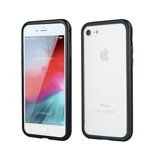 Apple iPhone 6 / 6S, Alumínium mágneses védőkeret, elő- és hátlapi üveggel, Magnetic Full Glass, átlátszó/fekete