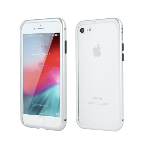 Apple iPhone 7 / 8 / SE (2020) / SE (2022), Alumínium mágneses védőkeret, elő- és hátlapi üveggel, Magnetic Full Glass, átlátszó/ezüst