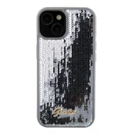   Guess Sequin Script Metal Apple iPhone 15 hátlap tok, ezüst