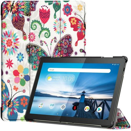 Samsung Galaxy Tab A 8.0 (2019) SM-T290 / T295, mappa tok, Trifold, színes nagy pillangó minta, fehér