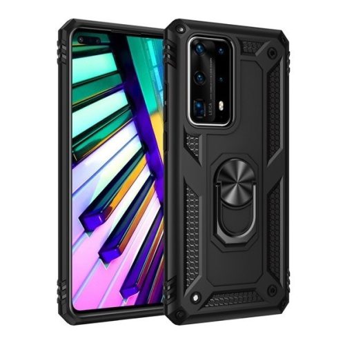 Huawei P Smart Pro (2019) / Y9s (2019), Műanyag hátlap védőtok, közepesen ütésálló, szilikon belső, telefontartó gyűrű, Defender, fekete