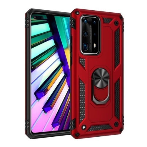 Motorola Moto G8 Plus, Műanyag hátlap védőtok, közepesen ütésálló, szilikon belső, telefontartó gyűrű, Defender, piros