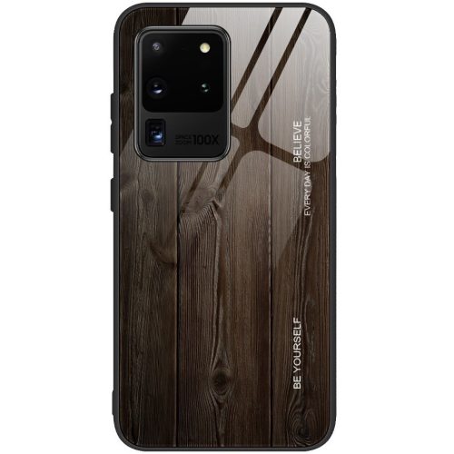 Huawei P20 Lite, Szilikon védőkeret, edzett üveg hátlap, fa minta, Wooze Wood, sötétbarna