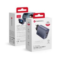   Forcell hálózati gyorstöltő 2xUSB-C + USB-A, PD + QC 4.0, 4A, GaN 65W, szürke