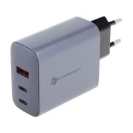   Forcell hálózati gyorstöltő 2xUSB-C + USB-A, PD + QC 4.0, 4A, GaN 65W, szürke