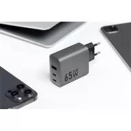  Forcell hálózati gyorstöltő 2xUSB-C + USB-A, PD + QC 4.0, 4A, GaN 65W, szürke