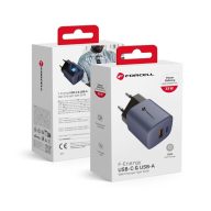   Forcell hálózati gyorstöltő USB-C + USB-A, PD + QC 4.0, 3A, 33W, kék