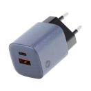 Forcell hálózati gyorstöltő USB-C + USB-A, PD + QC 4.0, 3A, 33W, kék