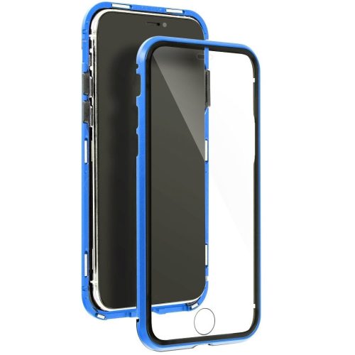 Apple iPhone 12 Pro Max, Alumínium mágneses védőkeret, elő- és hátlapi üveggel, Magnetic Full Glass, átlátszó/kék