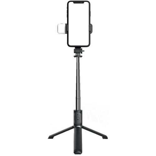 Prémium selfie bot, 19 - 104 cm, 360°-ban forgatható, exponáló gombbal, bluetooth-os, v4.0, tripod állvány funkció, világítással, fekete