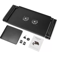   Univerzális laptoptartó, maximum 17" laptopokhoz, multifunkciós, több ponton állítható, dupla hűtőventilátorral, egértartó tálcával, fekete