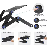   Univerzális laptoptartó, maximum 17" laptopokhoz, multifunkciós, több ponton állítható, dupla hűtőventilátorral, egértartó tálcával, fekete