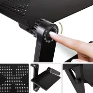   Univerzális laptoptartó, maximum 17" laptopokhoz, multifunkciós, több ponton állítható, dupla hűtőventilátorral, egértartó tálcával, fekete
