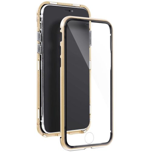 Samsung Galaxy A21s SM-A217F, Alumínium mágneses védőkeret, elő- és hátlapi üveggel, Magnetic Full Glass, átlátszó/arany