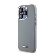   DKNY Liquid Silicone Silver Metal Logo Magsafe iPhone 15 Pro hátlap tok, szürke