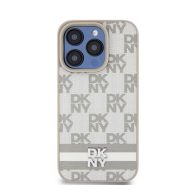   DKNY PU Leather Checkered Pattern and Stripe iPhone 14 Pro hátlap tok, bézs