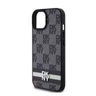   DKNY PU Leather Checkered Pattern and Stripe Apple iPhone 15 hátlap tok, fekete
