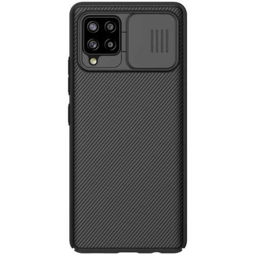 Samsung Galaxy A42 5G / M42 5G SM-A426B / M426B, Műanyag hátlap védőtok, közepesen ütésálló, kamera védelem, csíkos minta, Nillkin CamShield, fekete