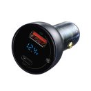 Baseus autós szivargyújtó töltő digitális kijelzővel, USB-A + USB-C, QC3.0+PD, 5A, 65W, fekete
