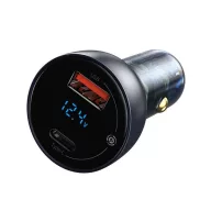   Baseus autós szivargyújtó töltő digitális kijelzővel, USB-A + USB-C, QC3.0+PD, 5A, 65W, fekete