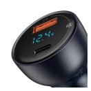Baseus autós szivargyújtó töltő digitális kijelzővel, USB-A + USB-C, QC3.0+PD, 5A, 65W, fekete