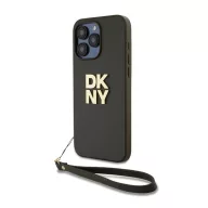   DKNY PU Leather Stack Logo Apple iPhone 15 Pro hátlap tok csuklópánttal, barna