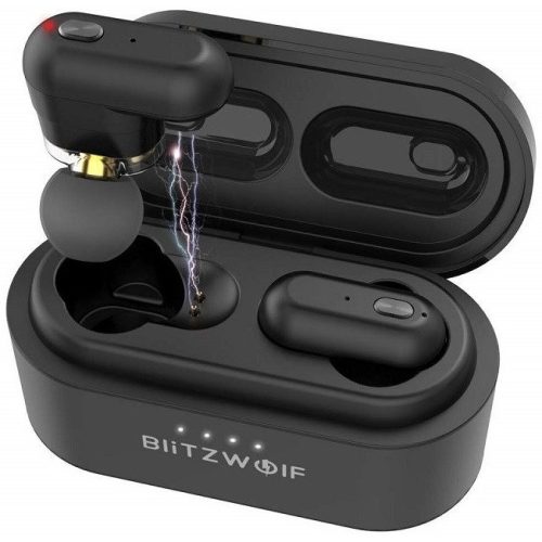 Bluetooth sztereó fülhallgató, v5.0, TWS, töltőtok, funkció gomb, zajszűrővel, vízálló, BlitzWolf BW-FYE7, fekete