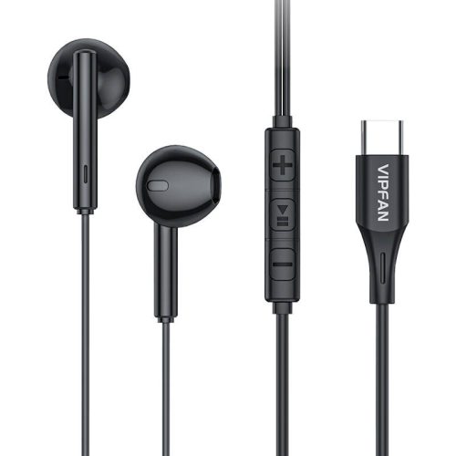 Vezetékes sztereó fülhallgató, USB Type-C, mikrofon, funkció gomb, hangerő szabályzó, Vipfan M18, fekete