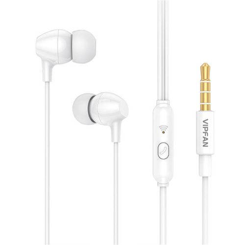 Vezetékes sztereó fülhallgató, 3.5 mm, mikrofon, felvevő gomb, Vipfan M16, fehér