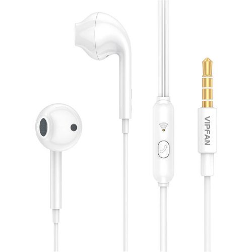 Vezetékes sztereó fülhallgató, 3.5 mm, mikrofon, felvevő gomb, Vipfan M15, fehér